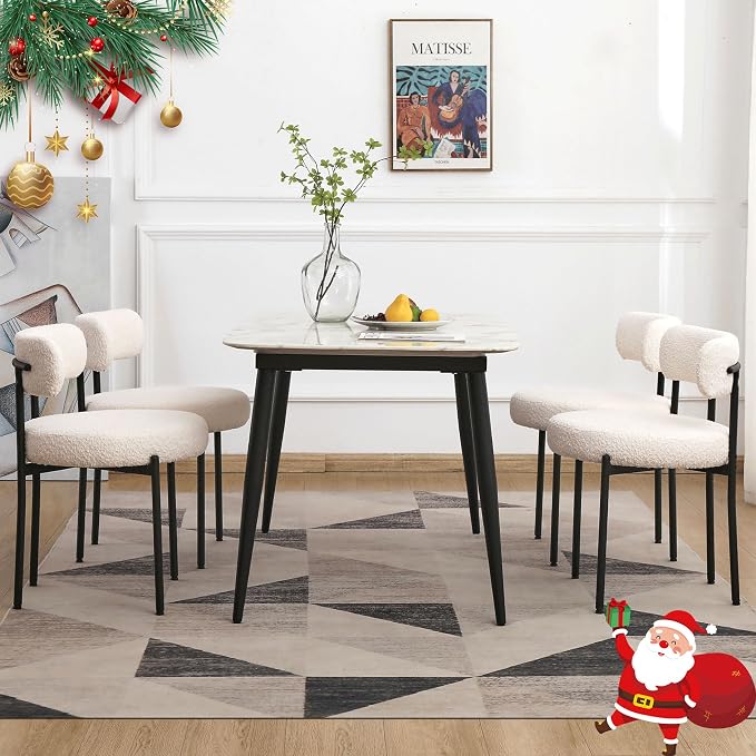 EDWELL White Dining Chairs Set of 4, Modern Dining Room Chairs with 3.94“ Cushions and Metal Legs, Round Upholstered Kitchen Dining Chairs, Ergonomic Backrest Boucle Chairs for Kitchen, Living Room
