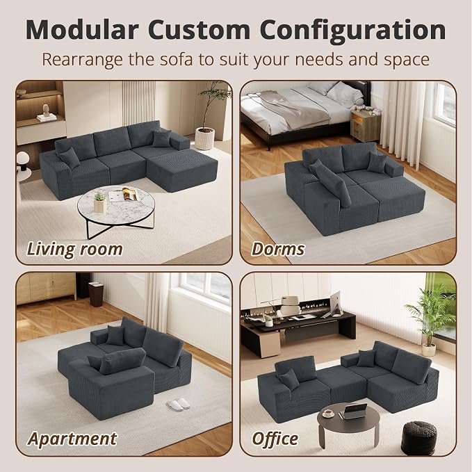 Modular Sectional Couch Modern 108" L Shaped Boneless Cloud Couch with Deep Seat, Sectional Sofa for Living Room Bedroom Apartments Dorms, No Assembly Required, Dark Grey