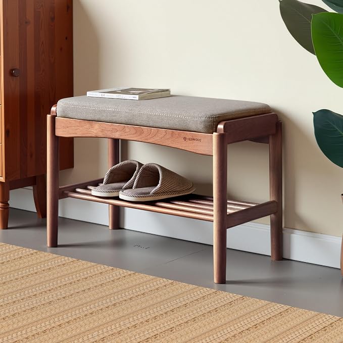 Solid Wood Shoe Bench Assembled, Shoe Rack Bench with Gray Cushion for Entryway, Living Room, Bedroom, Hallway, 11.8" x 23.6" x 16.5", Walnut