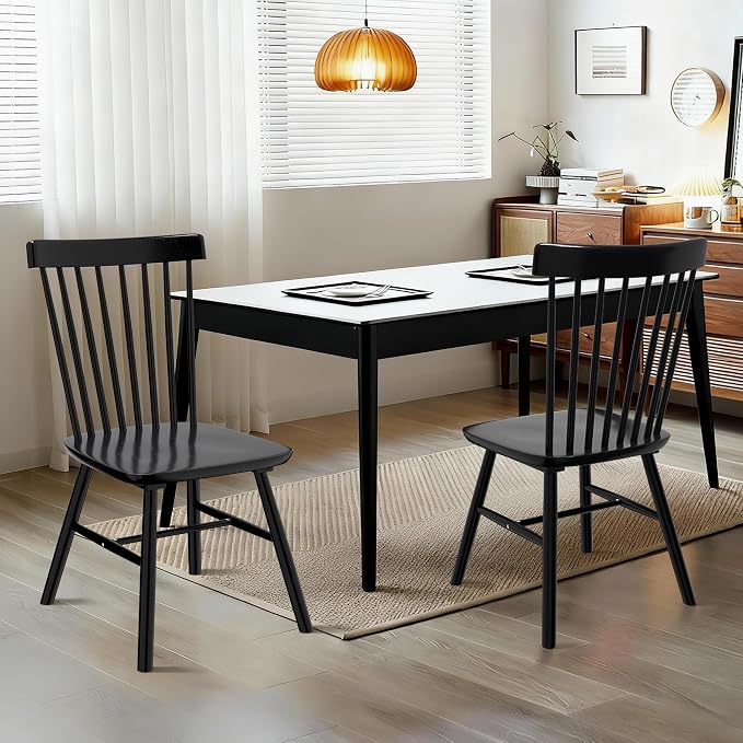 AreShark Windsor Dining Chairs, Farmhouse Wooden Dining Room Chairs, Solid Wood Kitchen Chairs with Spindle Back Set of 4, Black