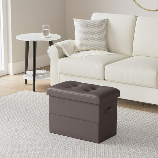 BelugaHelper Storage Ottoman Foot Rest Stool, Foldable Leather Footstool Storage Bench with Thicker Foam Padded Seat. Foot Rest Under Desk for Living Room Bedroom 350 lbs, 17x13x13 in, Brown