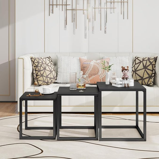Nesting Table Set of 3 Side Tables, Modern Coffee Table Stacking End Table with Metal Frame,Black