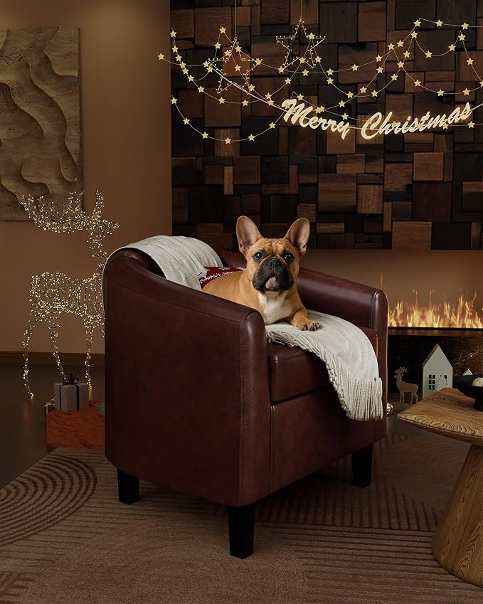 GarveeHome Accent Chair Faux Leather Barrel Chairs Club Armchair with Soft Seat for Living Room Bedroom Reading Waiting Room - Brown