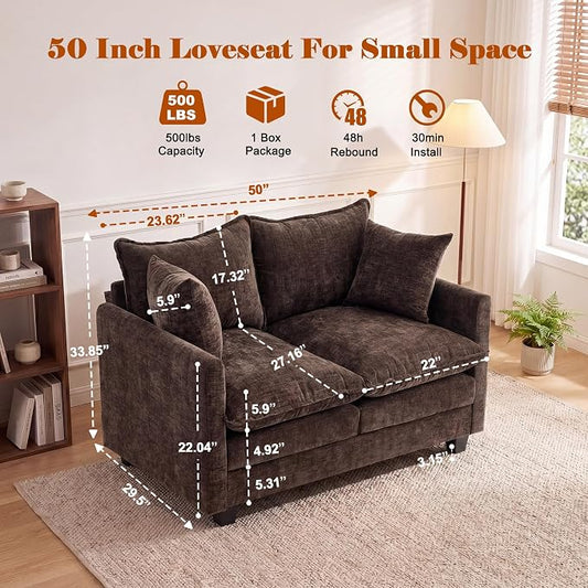 50'' Loveseat Sofa Cloud Sofa Couch, Modern Loveseats 2 Seat Couch 27" Deep Seat with 2 Pillows for Small Spaces Apartment Studio Office Bedroom Living Room, Brown