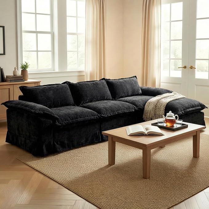 Claiks 123" Modular Boneless Couch, L Shaped Couch for Living Room, Modern Deep Seat Sofa 3 Seater Chenille Fabric Comfy Cloud Couches with Movable Ottoman, Black