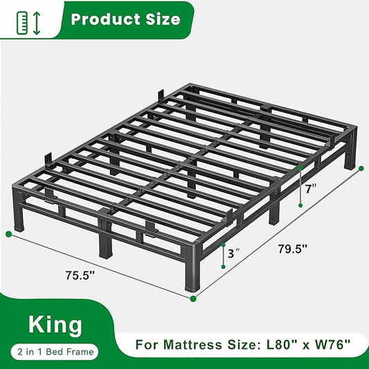 ROIL 7 Inch King Bed Frame, Metal Bed Frame & Box Spring 2 in 1 Platform with Round Corner Legs, 4000LBS Double Layer Low Profile Metal Platform Mattress Baffles, Noise-Free Easy Assembly
