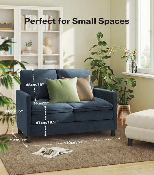Welzona 3-Layers Cloud Loveseat Sofa, 51" Small Couch for Living Room, Bedroom - Tool-Free Assembly with Teddy Fabric Small Sofa - Blue Grey - Futon Couch - Removable Washable Covers - 650lbs Capacity
