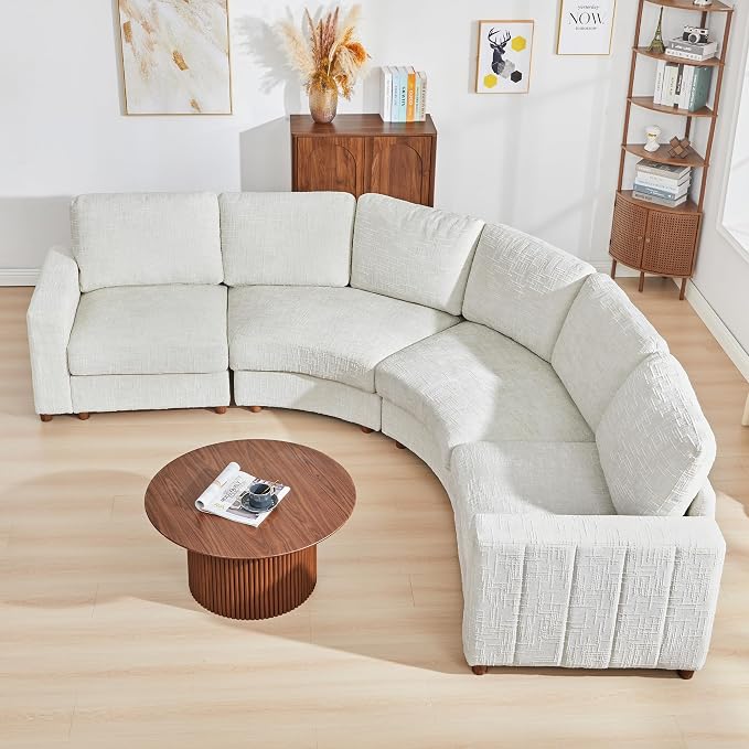 ORRD Curved Sectional Sofa, Convertible L Shaped Couch with Deep Seat, Boucle Modular Sectional Sofa with Pillows, Curved Chenille Comfy Corner 4 Seat Couch for Living Room, White