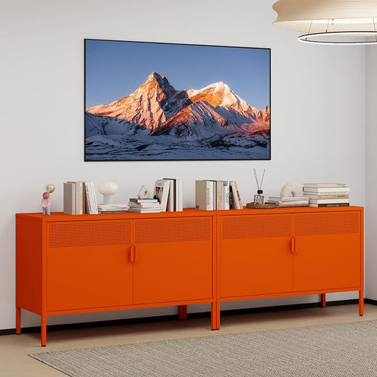 Orange 25" H Metal Storage Cabinet with Adjustable Shelf, 2 Door Accent Cabinet, 2-Tier Low Cabinet with Vent Hole, TV Stand for Entryway, Home Office, Music Studio
