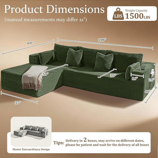 108" Cloud Sectional Couch, Comfort L Shaped Boneless Couch for Living Room, Extra Deep Seats No Assembly, Minimalist Modular Sofa, Corduroy (Olive Green, 2 Seater + Left Facing Chaise)