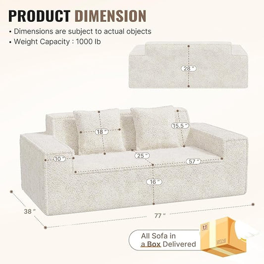 77'' Modern Cloud Loveseat Sofa in Chenille, Deep Seat Boneless Couches Includes 2 pcs Pillows for Living Room, Bedroom, Apartment(Beige)