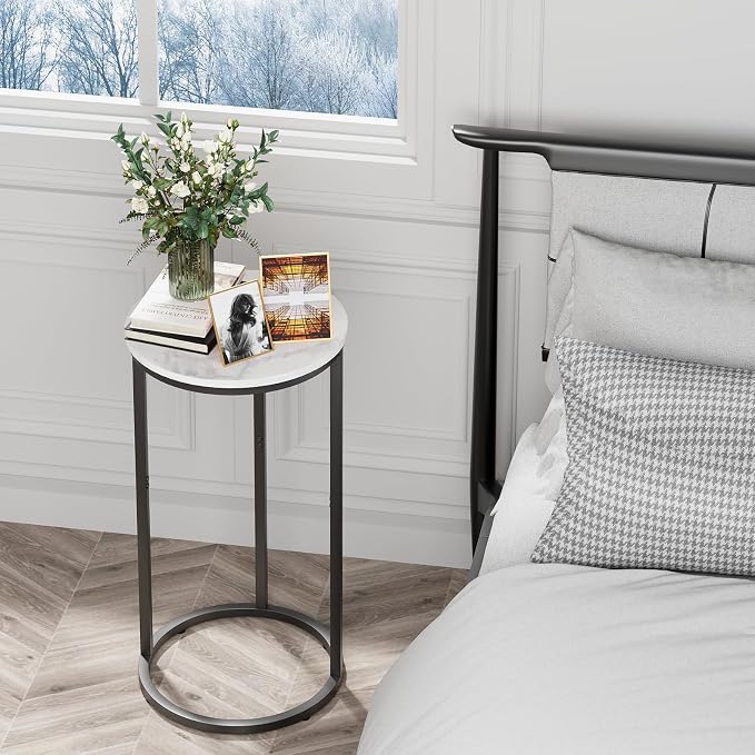 C Shaped End Table, Couch Side Tables for Living Room, Round Sofa End Table with Metal Frame, Small Wooden Snack Table for Bedroom, Small Spaces, Easy Assembly (Black)