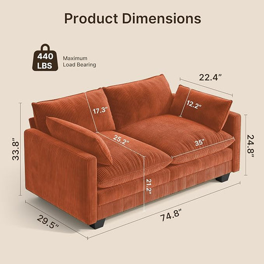 Gizoon 75” Small Cloud Loveseat Couches for Living Room, 2 Seater Love Seat Sofa with Comfy Deep Seat, Small Washable Couches with Removable Corduroy Cover for Apartment, Orange