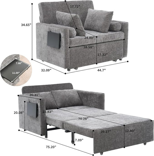 45" Oversize 3-in-1 Sleeper Chair Pull Out Bed, 75" Long Single Sleeper Sofa Bed with Wing Table and Side Pocket for Living Room, Bedroom, Small Space, Gray