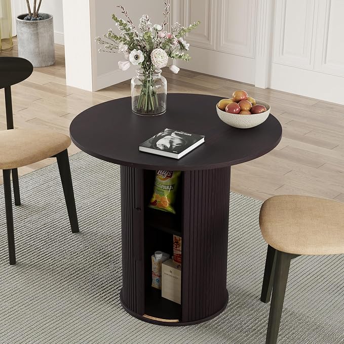 31.5" Round Dining Table for 2-4, Modern Kitchen Table with 2-Tier Storage Shelf, Small Wooden Circle Dining Tables with Fluted Base for Home Dining Room Living Room (Blackened Brown)