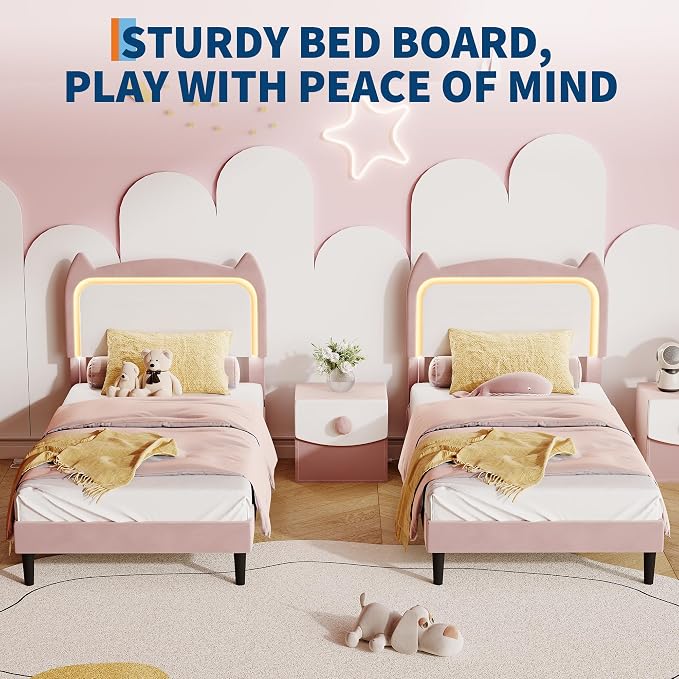 Garvee Twin Upholstered LED Bed Frame with Cute Cat Headboard, Velvet Princess Platform Bed Frame with Sturdy Wood Slats Support for Girls/Kids, No Box Spring Needed, Pink