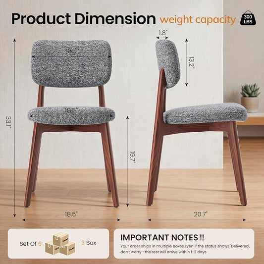COLAMY Dining Chairs Set of 6, Modern Upholstered Kitchen Room Chairs with Solid Red Oak Wood Legs, 5-Min Easy Assembly Anti-Wobble, High-Weight Fabric Farmhouse Side Chair, 300lbs,Walnut,Darkgrey