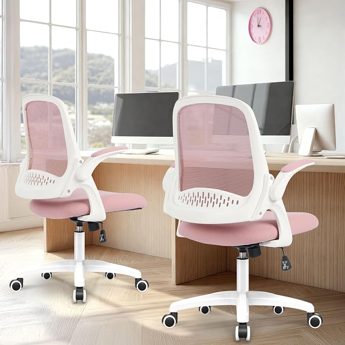 NEO CHAIR Office Desk Gaming Ergonomic Computer Chair with Lumbar Back Support Adjustable Height Swivel Rolling Wheels Flip-up Arms Mesh Chair for Home Vanity (Pink)