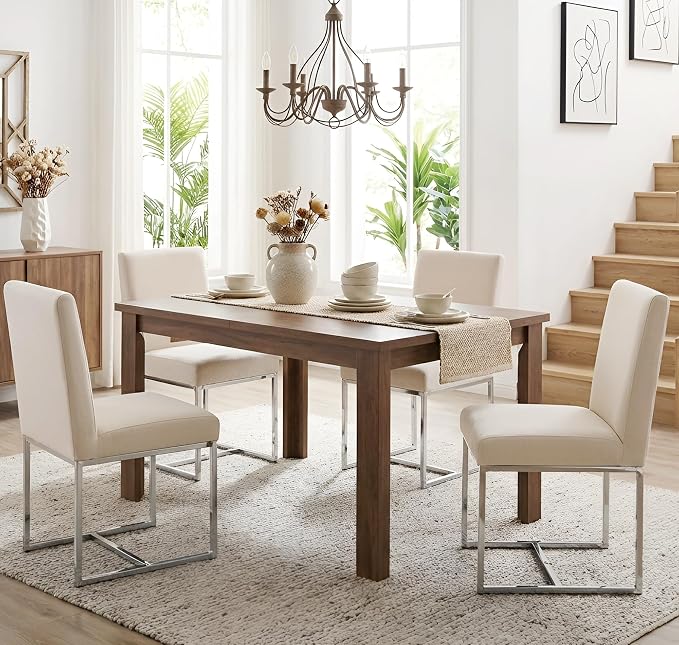 VESCASA Linen Upholstered Dining Chairs Set of 6, Mid Century Modern Padded Chair with Chrome Metal Frame for Restaurant, Dining Room, Kitchen, Cream