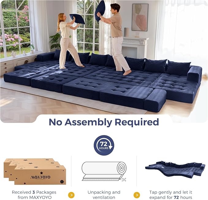 MAXYOYO Modular Sectional Sofa Couch, Foldable Oversized U Shaped Cloud Couch with Pillows, Tufted Boneless Lounger Floor Sofa Bed for Living Room, No Assembly Required, Navy