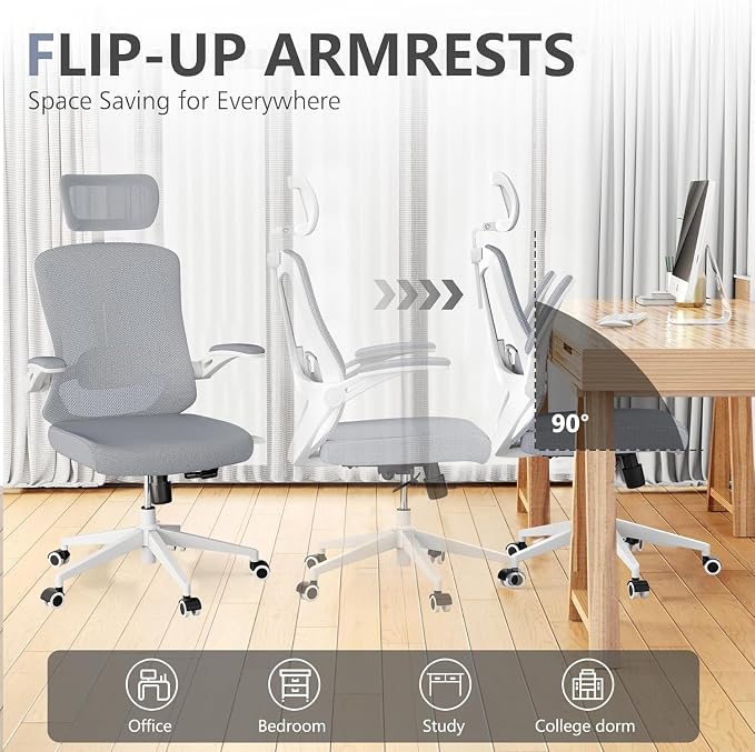 300 LBS Ergonomic Office Computer Mesh Chair - Adjustable Height Rolling Desk Chair with Flip-Up Armrests & High Back Support - Comfortable Swivel Task Chair for Home Office