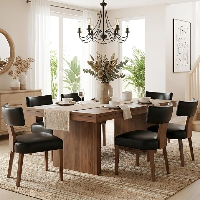 HNY Century Modern Dining Chairs Set of 6, Farmhouse PU Leather Upholstered Accent Chair Curved Backrest Kitchen Chairs, with Hardwood Frame, Black 6PC