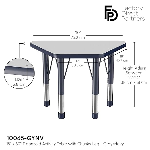 FDP Trapezoid Activity School and Classroom Kids Table (18 x 30 inch), Chunky Toddler Legs for Collaborative Seating Environments, Adjustable Height 15-24 inches - Gray Top and Navy Edge