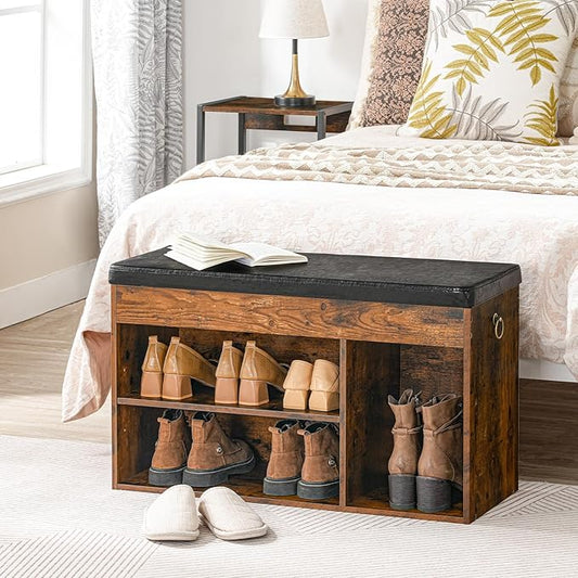 HOOBRO Shoe Storage Bench with Cushion, 32.3'' Entryway Bench with Lift Top Hidden Storage and Adjustable Shelves, Wooden Shoe Rack Bench for Entryway Bedroom, Rustic Brown and Black BF40HX01