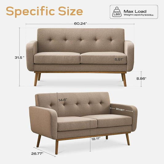 HUIMO Sofa Couch, Mid Century Modern Sofa with Solid Wood Frame, Button Tufted Couch for Bedroom, Living Room, Office, Apartment (Brown, 60 inch)