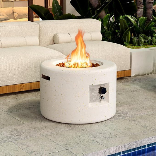 Tangkula Propane Fire Pit Table, 25.5” Round Terrazzo Gas Fire Pit with Stainless Steel Burner & Lava Rocks, Protective Cover & Tank Seat Included, 40,000 BTU Smokeless Fire Pit for Outside Patio