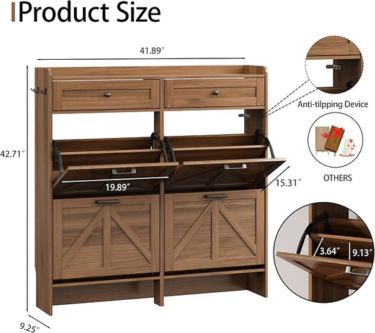 Shoe Cabinet with 4 Flip Drawers & 2 Top Drawers, 43" Tall Freestanding Narrow Wooden Shoe Storage Organizer for Entryway, Hidden Slim Shoe Rack for Front Door Entrance, Hallway, Living Room, Walnut
