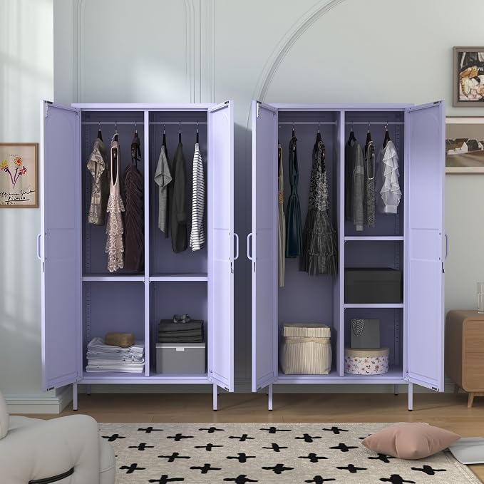 67" Industrial Lockable Metal 2-Door Wardrobe Storage Cabinet with Hanging Rod & Adjustable Shelves, Heavy Duty Multipurpose for Bedroom, Garage, Home Office, Purple 67" H X 31.5" W X 18.1" D
