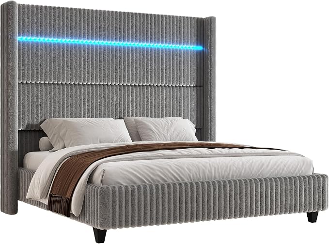 Jocisland Queen Bed Frame Faux-Fur Upholstered 60" Tall Headboard, Gray | Wingback Headboard, LED lights,USB Charging, Noise-free, No box spring needed, easy assembly, for Couples & Guest Room