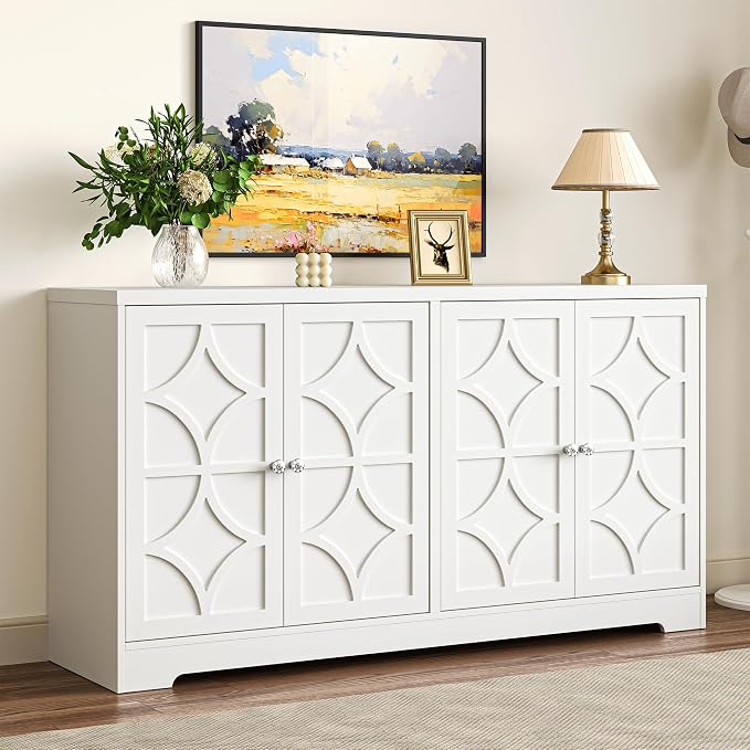 RoyalCraft 112'' Buffet Cabinet with Storage, Modern Sideboard with 4 Carved Doors, Large Wood Coffee Bar Console Table for Kitchen, Dining Room, Entryway, Living Room, Satin White