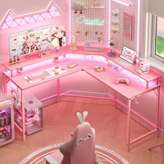 Huuger L Shaped Gaming Desk with Power Outlets & LED Lights, Computer Desk with Monitor Shelves, Carbon Fiber Surface, Home Office Desk, Corner Gaming Desk with Hooks, Carbon Fiber Pink