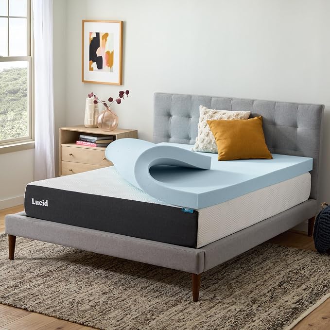 Lucid 4 Inch Memory Foam Mattress Topper, Queen Size – Cooling Gel Bed Topper – Preassure-Relieving Ultra Plush Feel – Ventilated Breathable Design – CertiPur Certified - Dorm Room Essentials