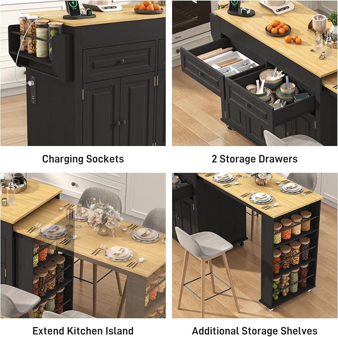 80"-48" Extendable Kitchen Island with Extended Dining Table and Power Outlet,Large Mobile Kitchen Storage Islands with 2 Storage Drawers,Rolling Islands Cart with 3 Extra Rows Open Shelves(Black)