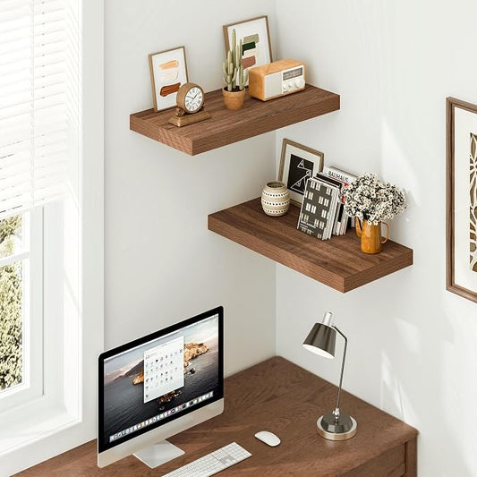 Vivelove Rustic Floating Shelves for Wall 12 Inch Deep, 24" X 12" X 1.5" Floating Shelf, 2 Inch Thick Shelf for Living Room Bathroom Bedroom Kitchen Office, Rustic Farmhouse Decor Set of 2, Walnut