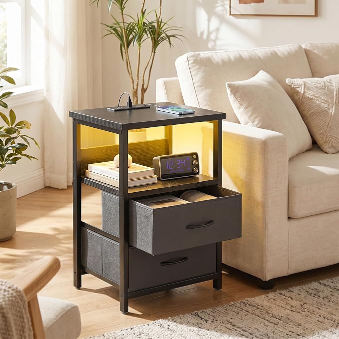 Fixwal Nightstand Set of 2 Night Stand with Charging Station, LED Nightstand with Fabric Drawers, End Table with PU Finish, Bed Side Table, Black