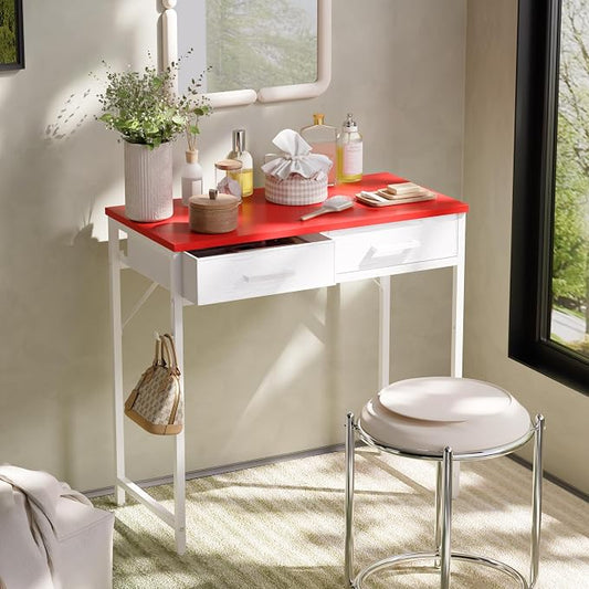 Pamray 32 Inch Small Computer Desk with 2 Drawers for Bedroom Study Writing Home Office Table for Small Spaces Red