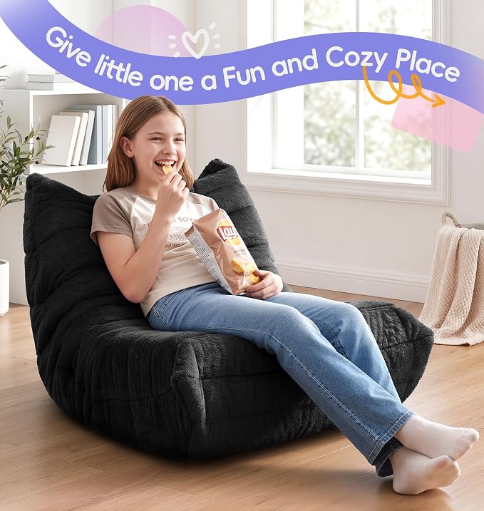 Hobestluk Medium Bean Bag Chair Faux Fur Fabric BeanBag Couch for Playroom | Black Plush,Ergonomic Design,Memory Foam,Strong Supportive,No Assembly Required,Decorative Style for Living Room Bedroom