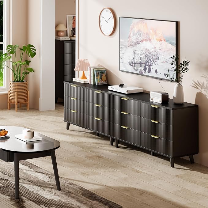 Lulive Black Dresser for Bedroom Wood Dressers Chest of Drawers, Fluted 54" Wide Modern Long Dresser TV Stand 6 Drawers for Bedroom, Closet, Hallway (Black)