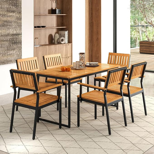 Tangkula 7 Piece Outdoor Dining Set for 6, Acacia Wood Rectangular Dining Table & 6 Armchairs w/Metal Frame, Umbrella Hole, Farmhouse Dining Furniture Set for Garden Porch Poolside Yard