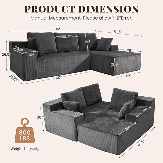GRUSIGN Cloud Sectional Boneless Couches for Living Room, Modular L Shaped Couch with Deep Seat Oversized Right Facing Chaise, Memory Foam Compressed Spineless 3 Seater Sofa, Grey