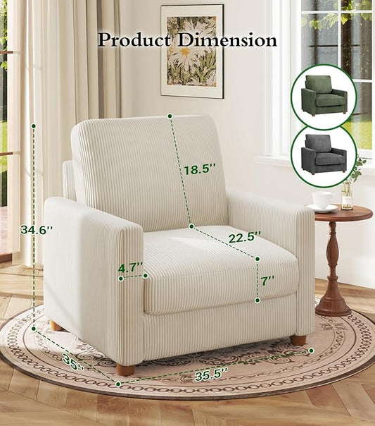 Kidirect 35.5in Oversized Accent Chair, Easy to Assemble Living Room Chairs, Corduroy Reading Chair for Bedroom, 22.5in Deeper Seats Accent Chairs for Living Room, Comfy Armchair Reading Nook, Beige