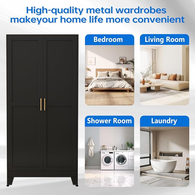 PAOFIN 71" Metal Armoire Wardrobe Closet, Bedroom Clothing Storage Cabinet with 2 Drawers and Hanging Rod, Freestanding Armoire Cabinet with Adjustable Shelves (Black)