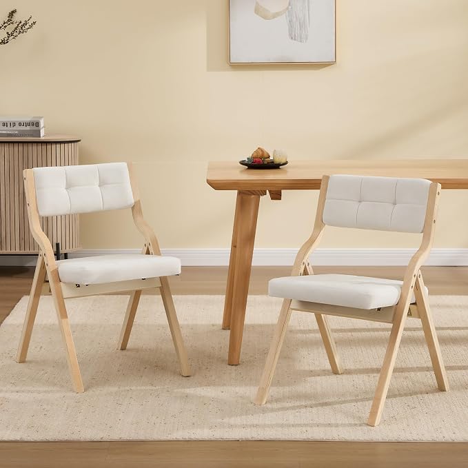 Folding Dining Chairs with Cushion Set of 2,Padded Foldable Dining Chairs,Portable Wooden Folding Chairs with Seat for Dining Rooms Kitchen Wedding Party Indoor Velvet Beige