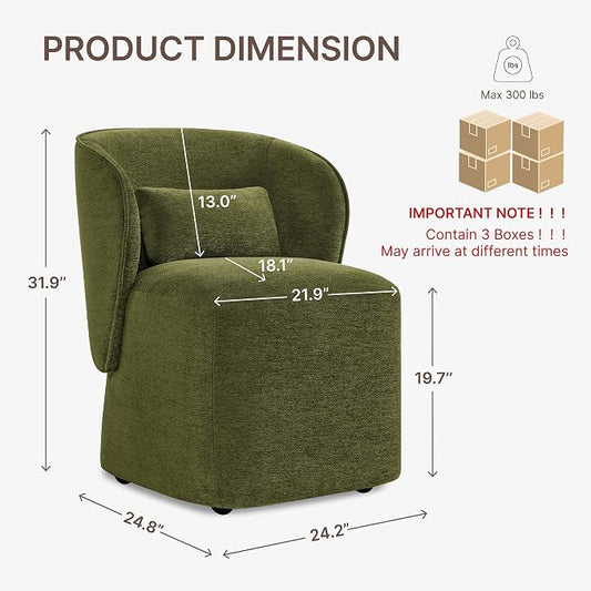 KISLOT Upholstered Dining Chairs with Wheels, Easy Assembly Stain Resistant Fabric Modern Barrel Armchair with Lumbar Cushion, Dining Room Chairs for Kitchen Living Room Bedroom, Green, Set of 4