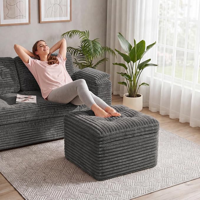 23.6in Pouf Ottoman, Corduroy Ottoman Foot Rest with Dual‑Layer Support, Large Poofy Pouf with Soft Chunk‑Foam Top & Firm Foam Base, Floor Foot Stool for Living Room, Dark Grey