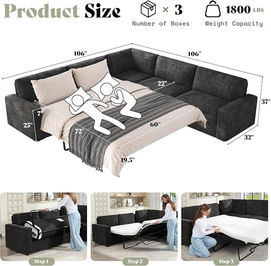 AMERLIFE 106" Oversized Sofa Bed, Sectional Sleeper Sofa with Pull Out Bed, 3 in 1 Convertible Sofa Bed, L Shaped Couch with Storage, High Resilience Mattress, Chenille Grey